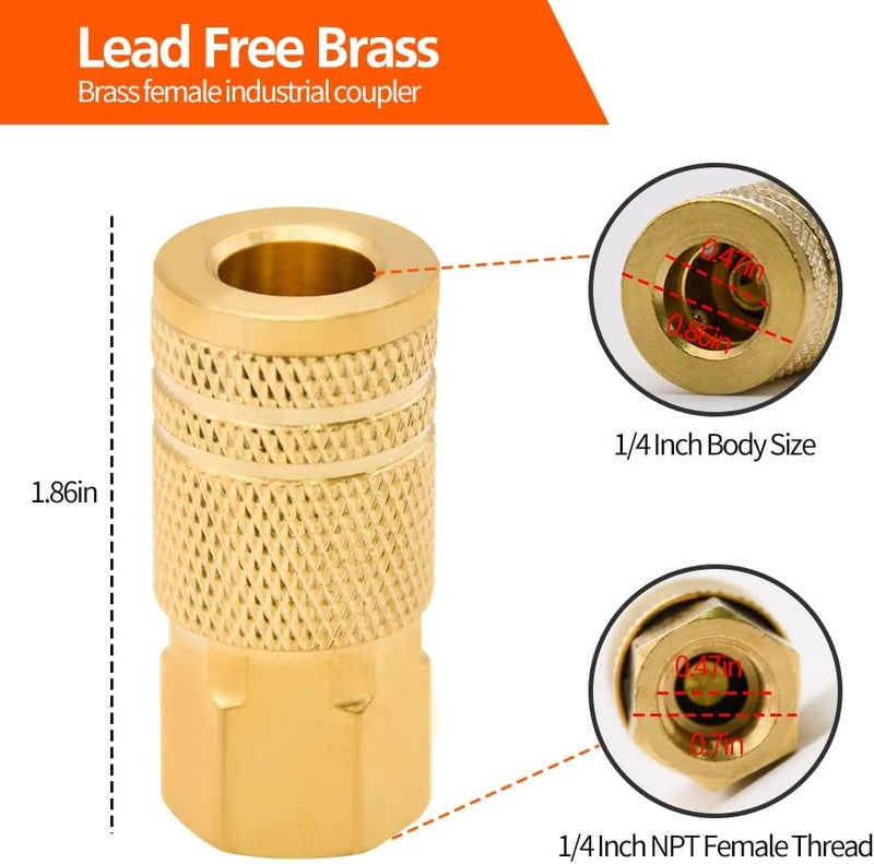 Ruby Q 5 Pack 1/4-Inch Brass Female Industrial Coupler, 1/4 Inch Air Hose Fittings NPT Female Quick Connector for Professional Jobsites and Automotive Shops - Image 2